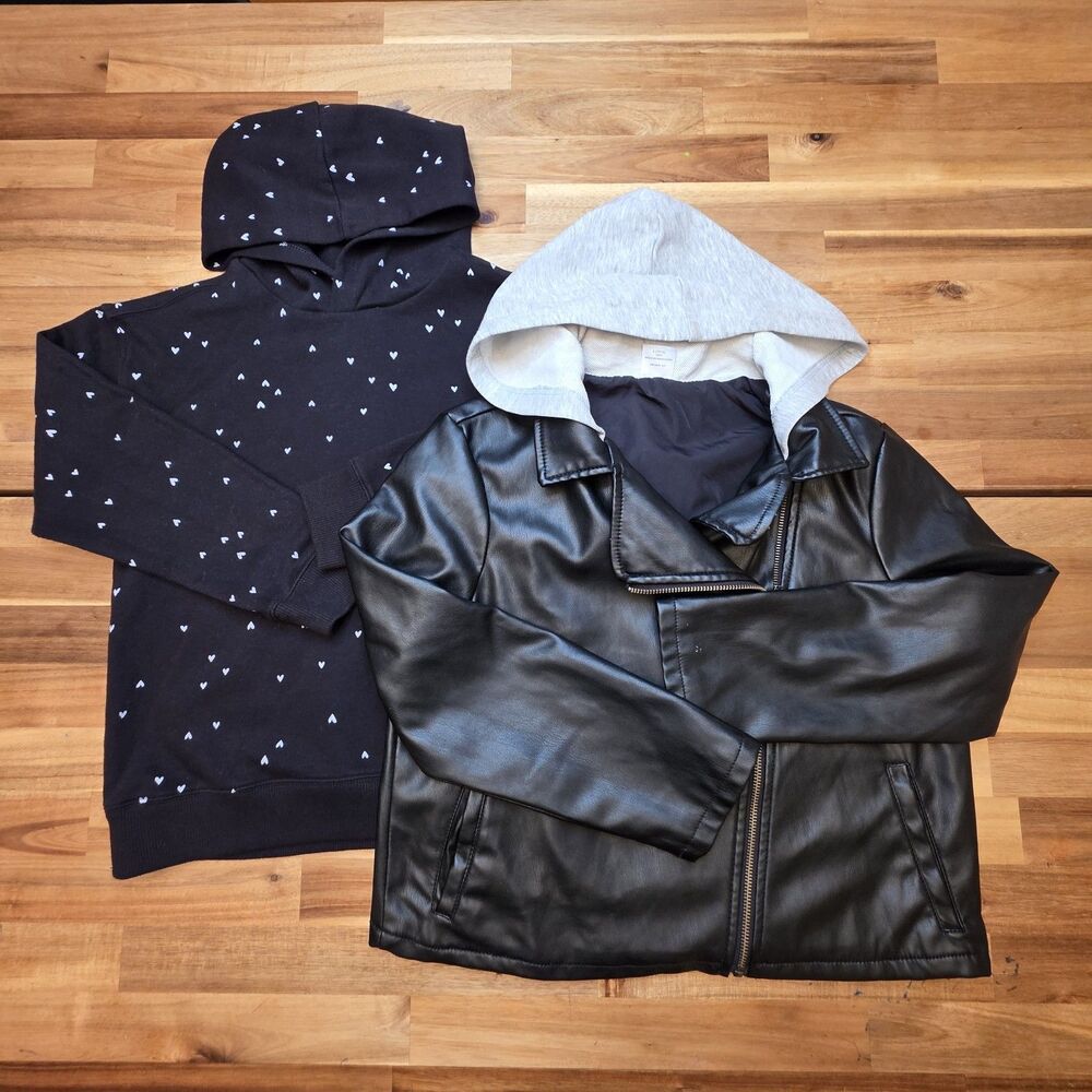 Wonder Nation Girls L 10/12 Faux Leather Jacket Heart Hoodie 2 Piece Lot